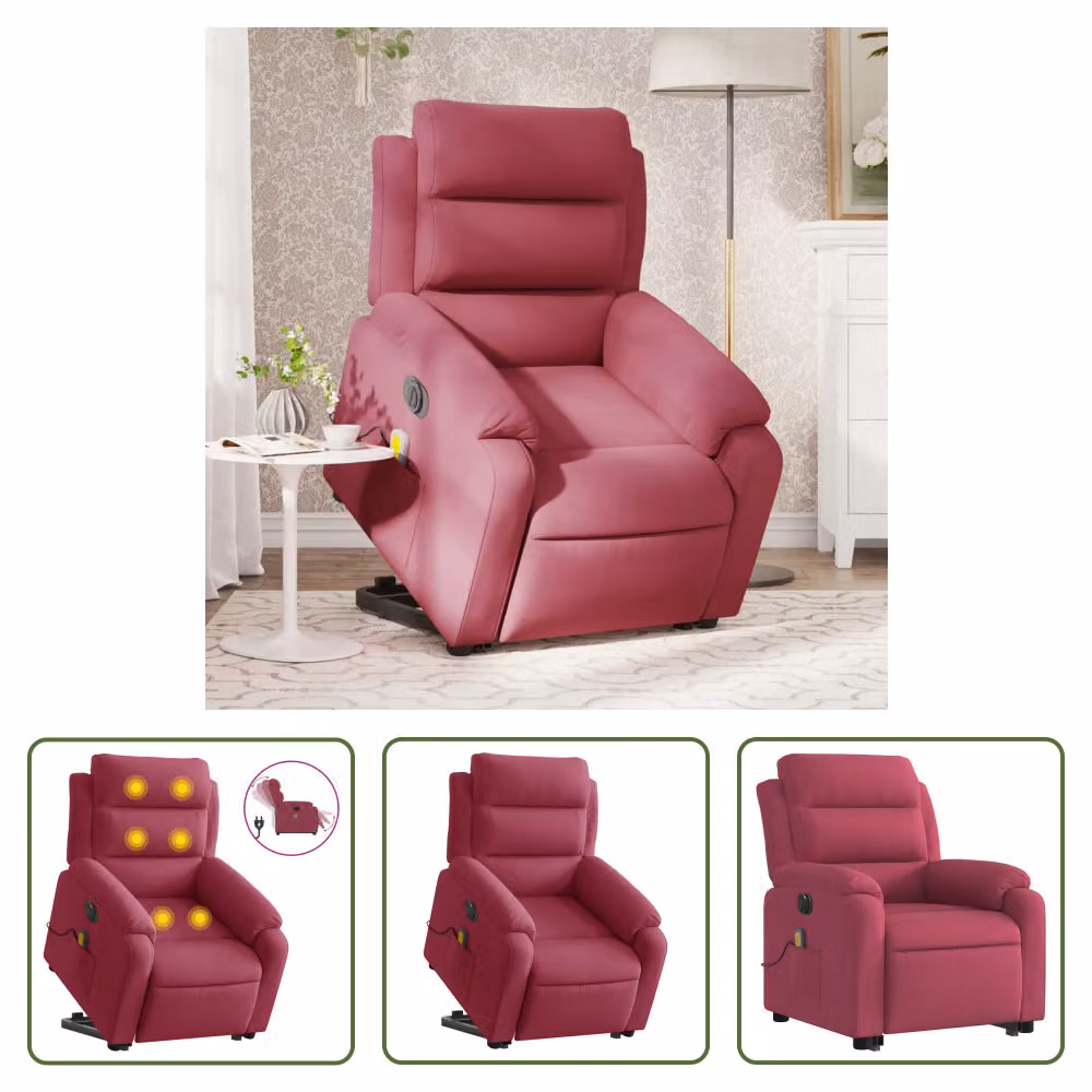 The Living Store Poltrona massaggiante con supporto in piedi elettrica Vino Rosso Velluto