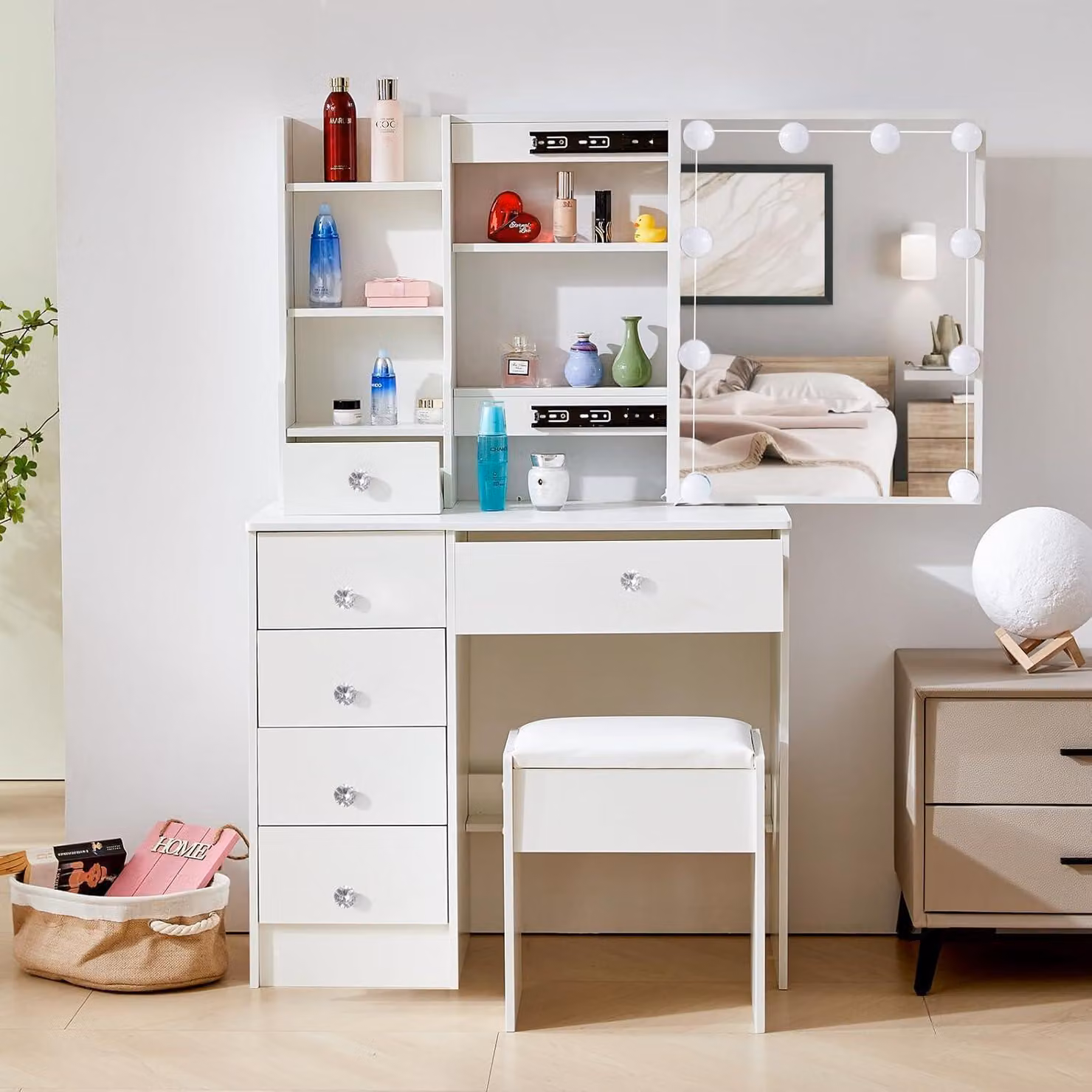 Comò da trucco con sgabello e illuminazione, dotato di 3 temperature di colore, luminosità regolabile, 5 cassetti, realizzato in MDF