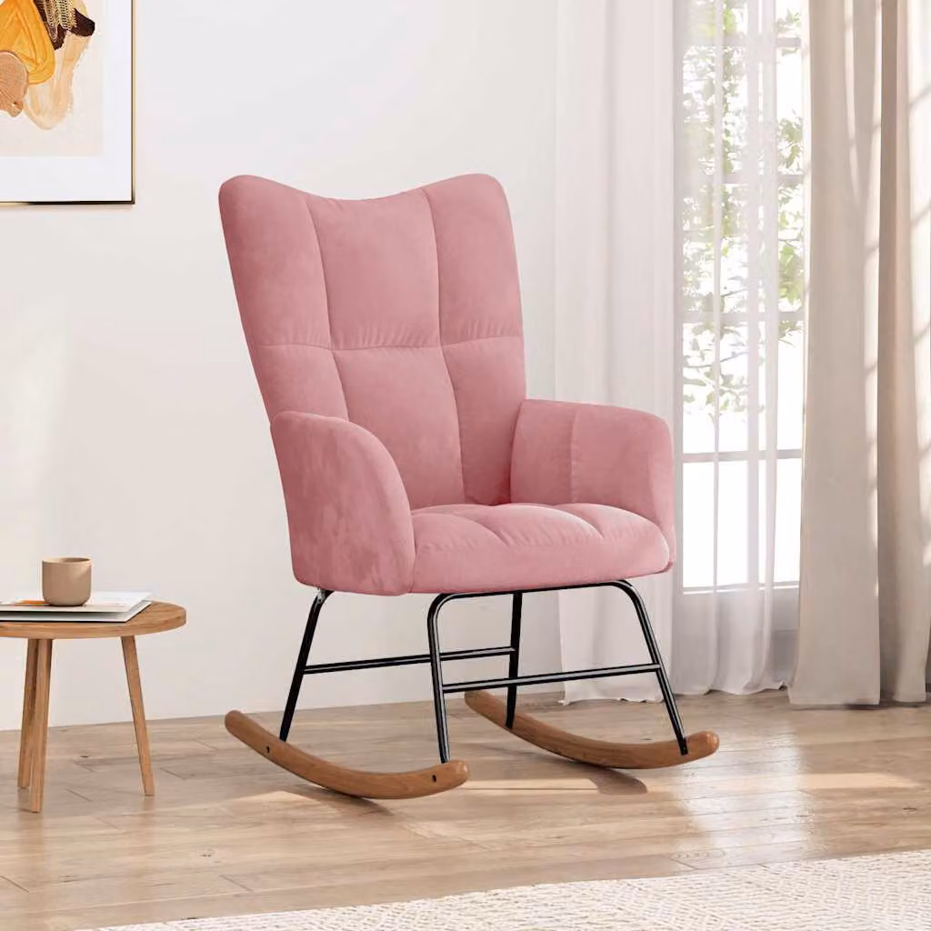 Sedia a Dondolo Moderna vidaXL in Velluto Rosa con Braccioli e Imbottitura in Schiuma – 1