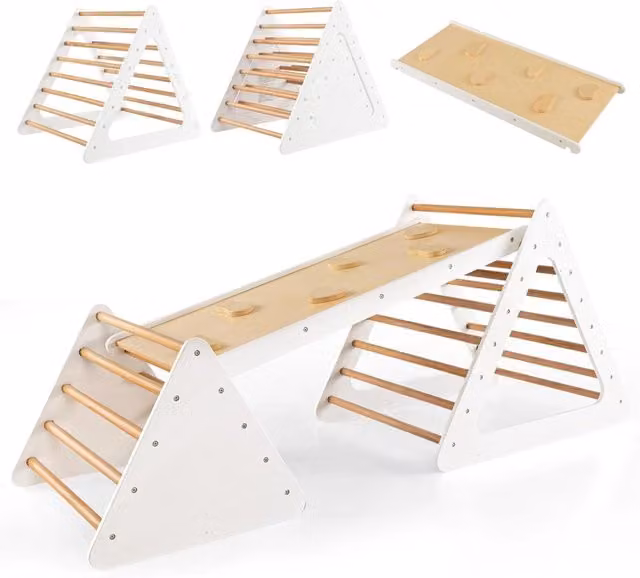 Set da Arrampicata 3 in 1 per Bambini Costway in Legno, 3 Pezzi con 2 Scale Triangolari e 1 Rampa, Colore Beige