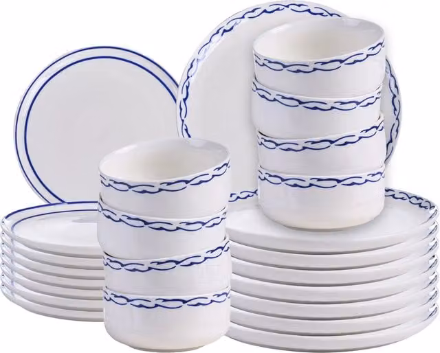 Servizio da tavola in porcellana bianco e blu 24 pezzi, finitura smaltata, bordo decorativo, per 8 persone, realizzato a mano, sala da pranzo, cucina