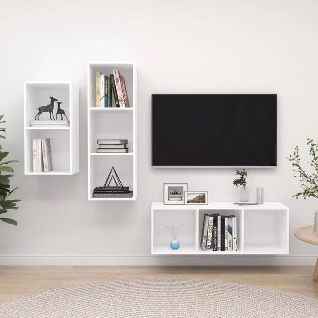 Set di mobili porta TV da 3 pezzi vidaXL in legno multistrato bianco per soggiorno in stile minimalista e montaggio a parete