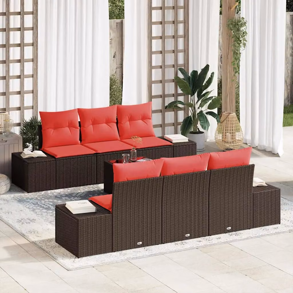 Set Divano da Giardino vidaXL 7 Pezzi a Forma di L con Tavolino e Cuscini, Colore Marrone e Rosso, Struttura in Metallo e Polyrattan con Cuscini Rimovibili