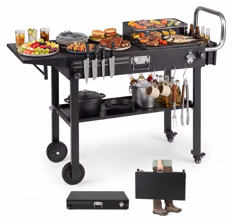 COSTWAY, carrello per barbecue da esterno, tavolo pieghevole per barbecue, carrello di servizio in metallo con ruote, superficie di lavoro di 79 x 43 cm e ganci, tavolino aggiuntivo per barbecue resistente alle intemperie