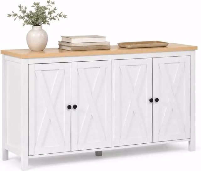 Credenza e madia moderna in MDF bianco con 4 ante e 2 ripiani regolabili per soggiorno e ingresso, L 140 x P 40 x H 78 cm