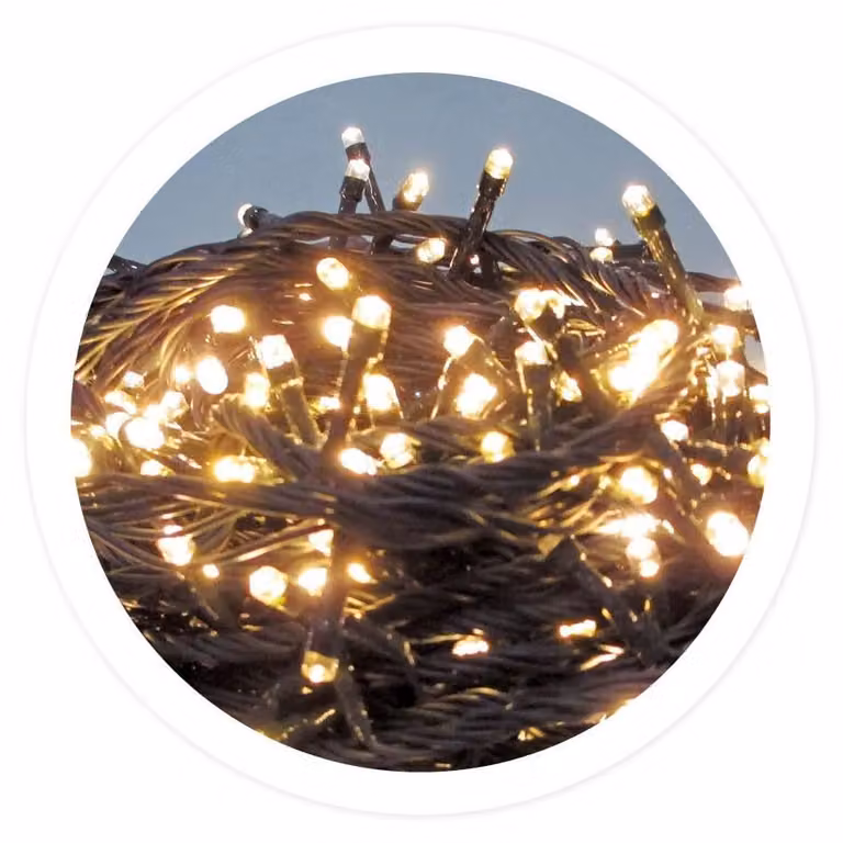 Catena luminosa da 20 metri, con 200 LED bianco caldo, 8 funzioni, grado di protezione IP44