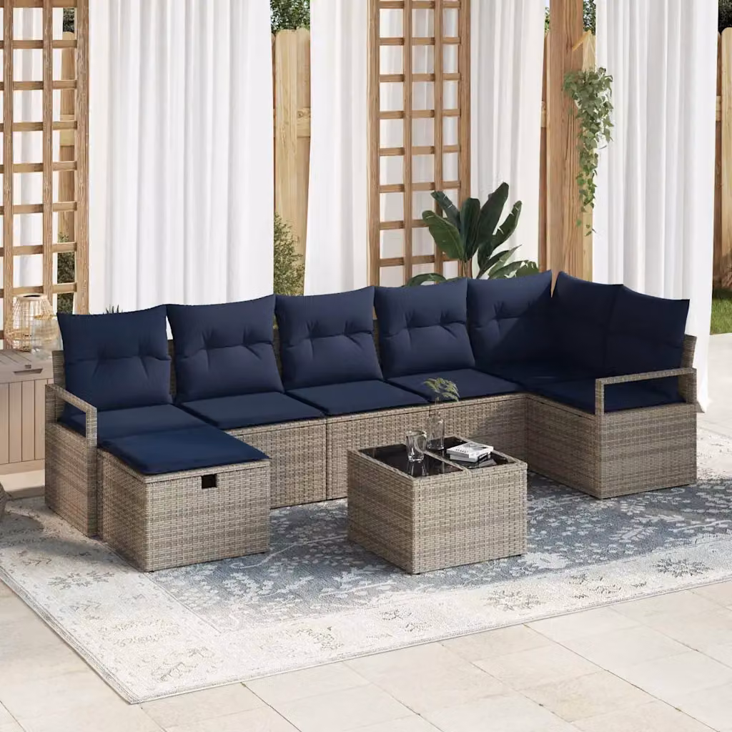 Set di divani da giardino vidaXL a 8 pezzi con struttura in metallo e cuscini, colore grigio e blu navy