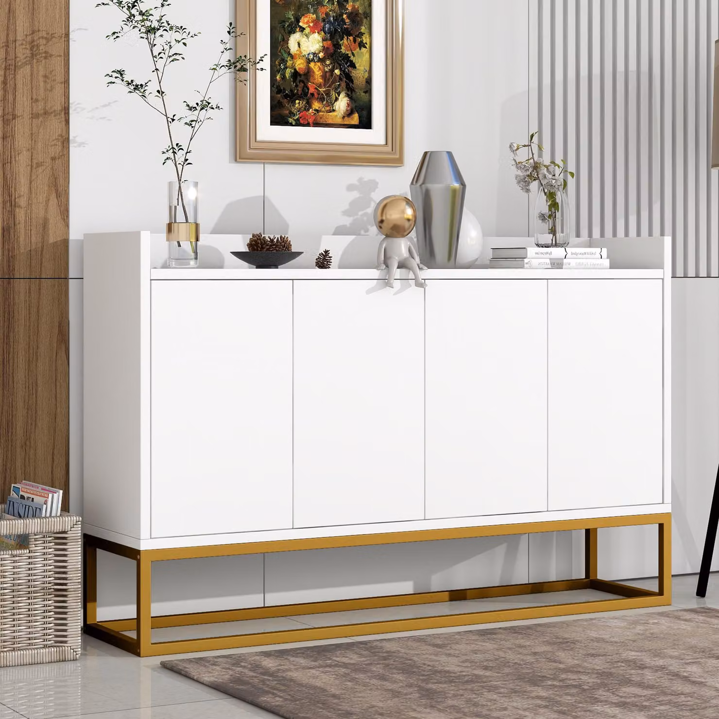Credenza Merax con 4 ante e ripiani regolabili, struttura in metallo dorato, mobile da cucina, credenza da soggiorno, bianco