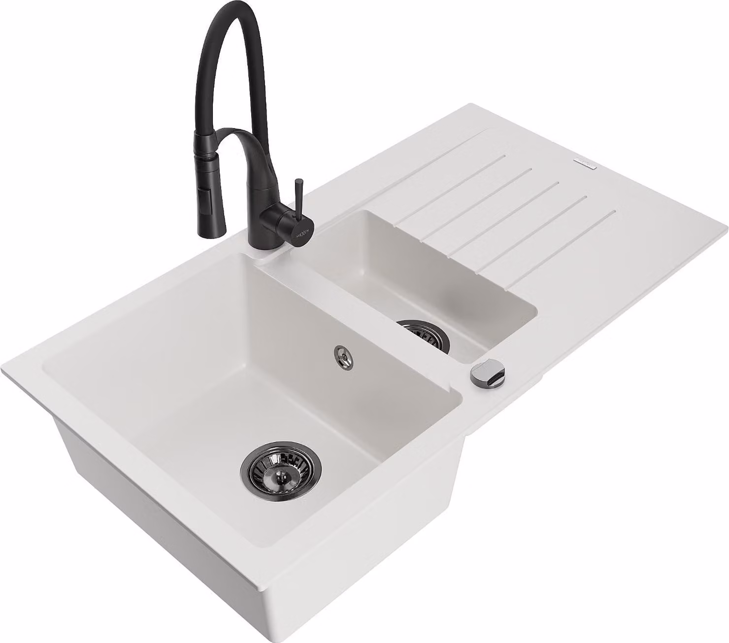 Mexen Matias lavello in granito a 1,5 vasche con sgocciolatoio e miscelatore cucina Aster, bianco - 6502-20-73450-70-B