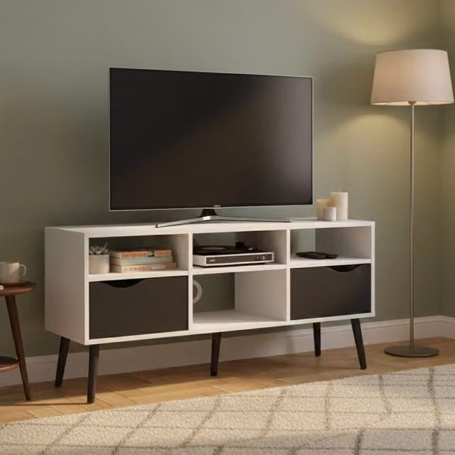Mobile porta TV moderno DMORA con due cassetti e scomparti per media, colore bianco e nero, L: 117,2 cm, P: 57,4 cm, H: 39,1 cm