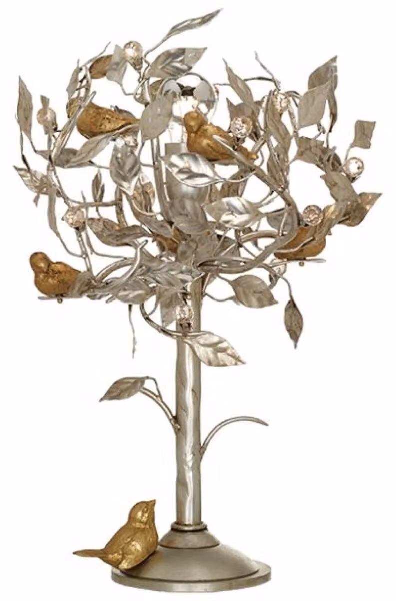 Casa Padrino lampada da tavolo albero e uccelli argento / oro Ø 36 x H. 56 cm - Lampada da tavolo moderna in metallo con vetro in cristallo Swarovski - Lampada per hotel e ristoranti
