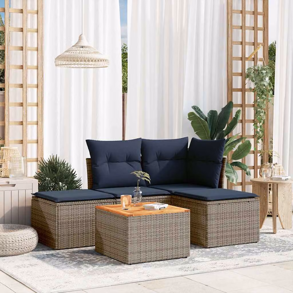 Set Divani da Giardino vidaXL 5 pz in Polyrattan con Cuscini Grigio e Blu a Forma di L con Tavolino e Pouf