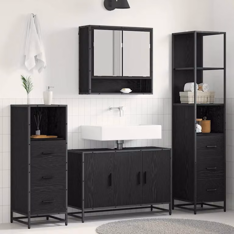 Set di mobili per il bagno vidaXL 3 pezzi in rovere e metallo nero con armadietto specchiato, mobile lavabo e colonna alta