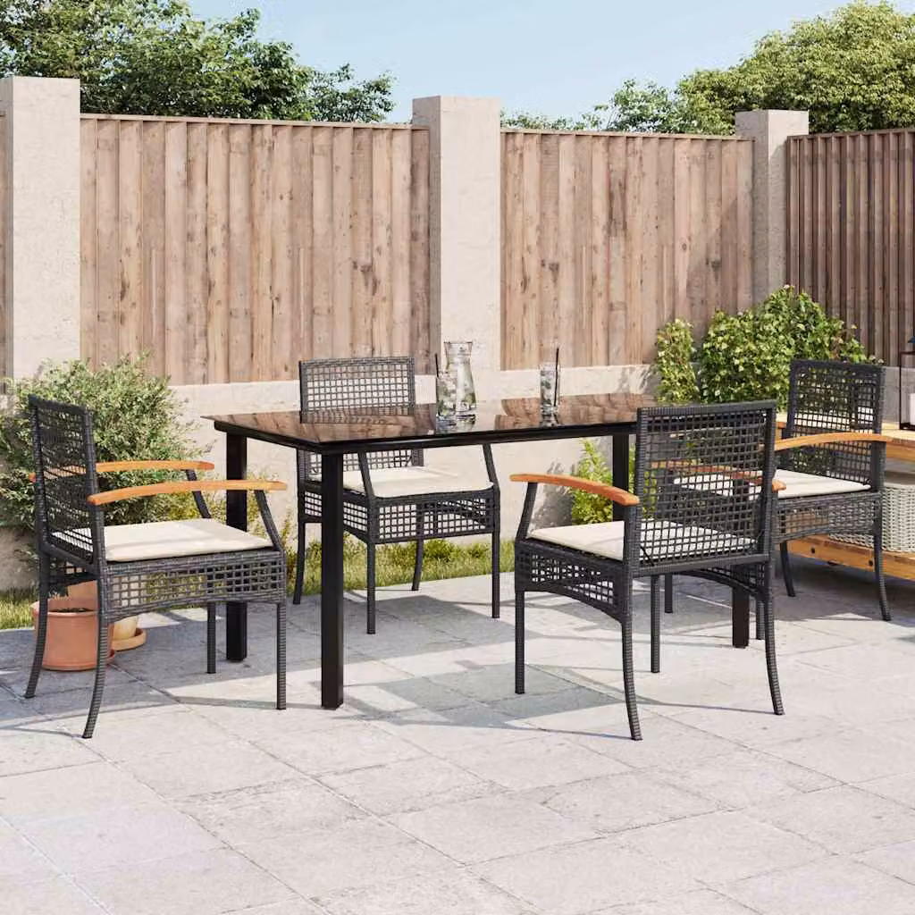 Set da Pranzo da Giardino vidaXL 5 pz in Polyrattan e Legno di Acacia con Piano in Vetro, Nero e Bianco – 1