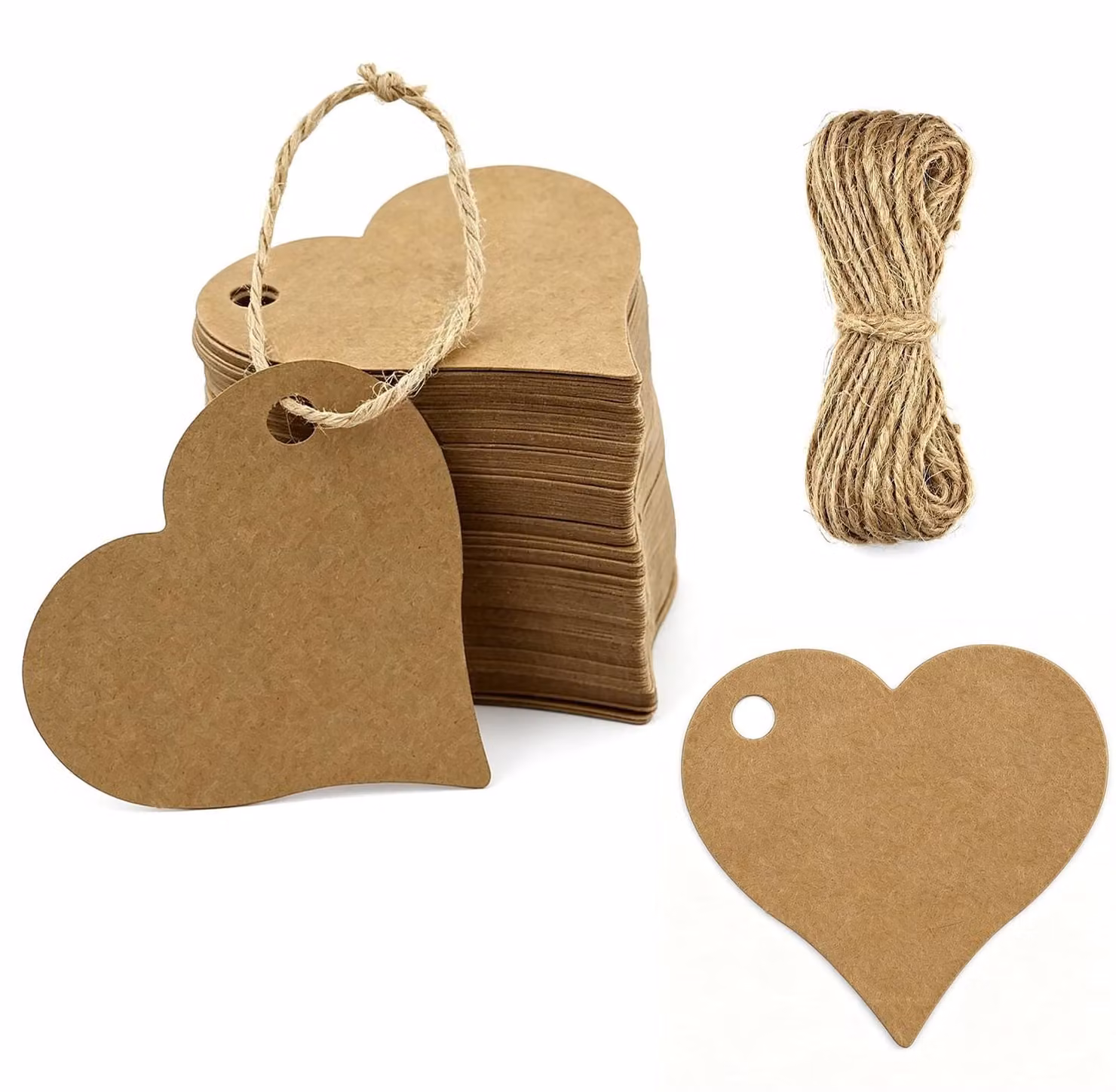 100 etichette regalo in carta kraft, marroni, a forma di cuore, con cordoncino