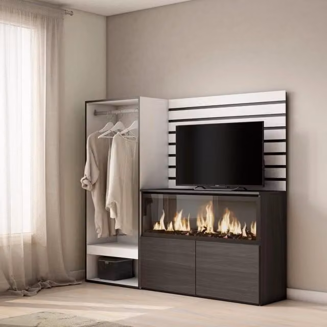 Credenza, 167x35x145cm, Camera da letto, Camino elettrico XXL, Armadio Aperto, Bianco RF3384