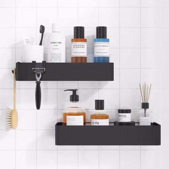 Set da bagno composto da 2 pezzi - Tubo flessibile per doccia in acciaio inossidabile - Tubo flessibile per doccia ad asciugatura rapida, senza bisogno di forature, grande capacità - Portashampoo resistente