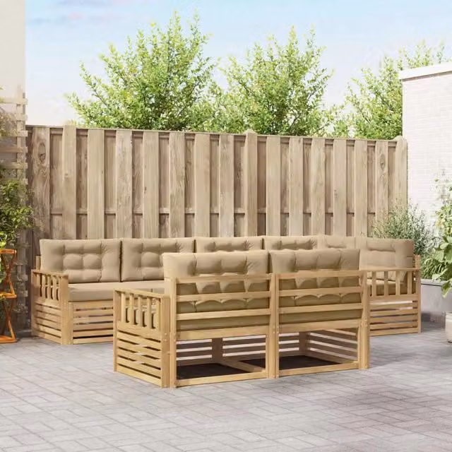 Set di divani da esterno a L vidaXL in legno di acacia con cuscini bianchi e beige – 1
