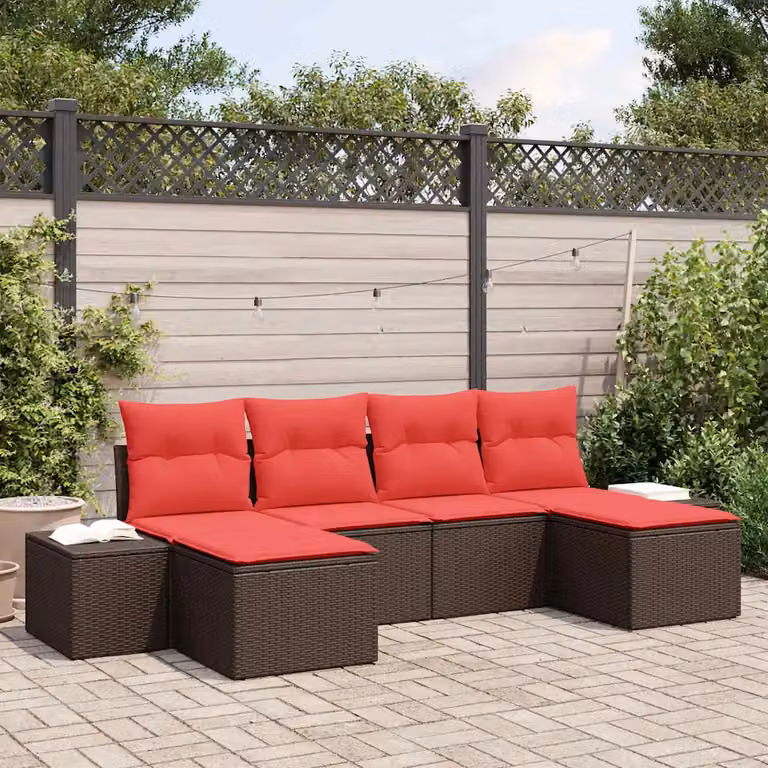 Set Divano da Giardino vidaXL 6 pz a Forma a L con Poltroncina e Cuscini Marrone e Rosso in Polyrattan e Metallo