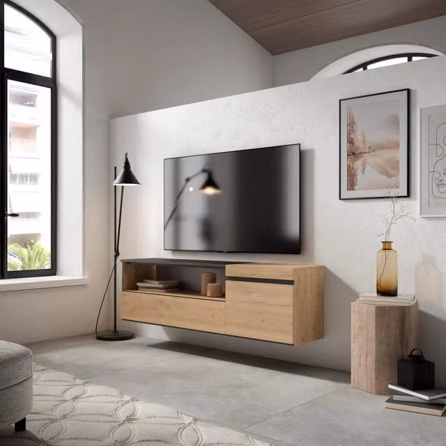 Mobile TV da appendere SKRAUT HOME per soggiorno, moderno, colore Rovere e nero, L 150 cm x P 35 cm x H 45 cm