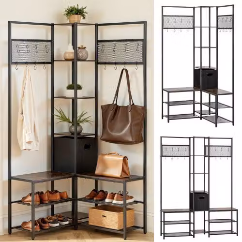 VEVOR Mobiletto da Ingresso Angolare Multifunzionale con Appendiabiti e Ripiani, Nero, L 84,0 cm x P 84,0 cm x H 180,0 cm
