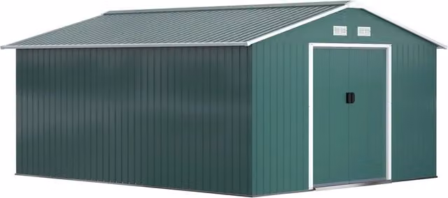 Casetta da Giardino in Acciaio Verde 340x386x200cm, Capanno Porta Attrezzi Robusto con 2 Porte Scorrevoli e 4 Prese d'Aria per Esterno