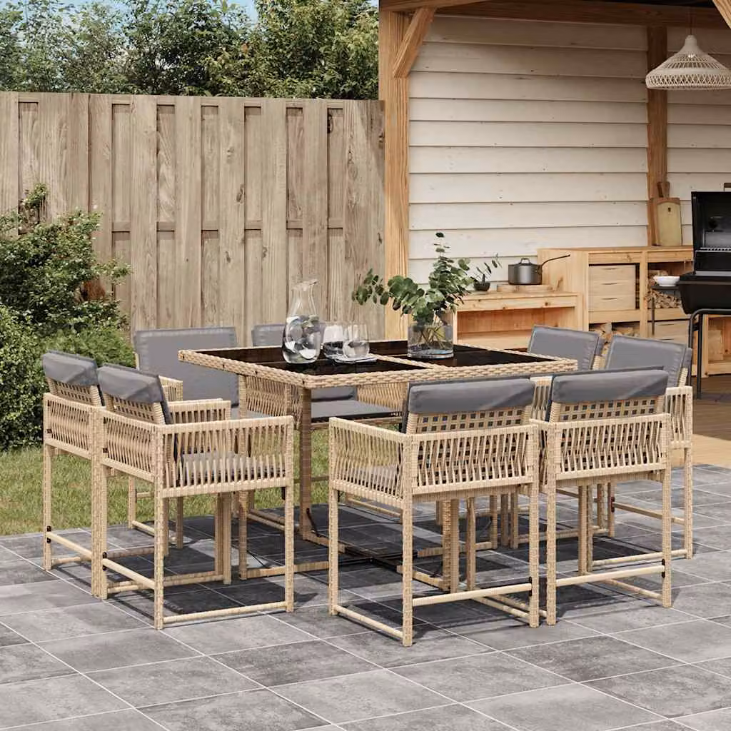 Set Pranzo da Giardino vidaXL in Polyrattan con Cuscini Beige Misto e Tavolo in Vetro 9 pz – 1
