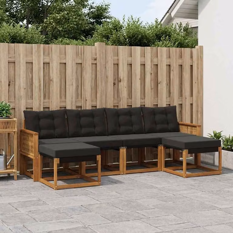 Set di divani da esterno vidaXL a forma di L composto da 6 pezzi in legno di acacia e textilene, colore marrone e nero, con cuscini inclusi