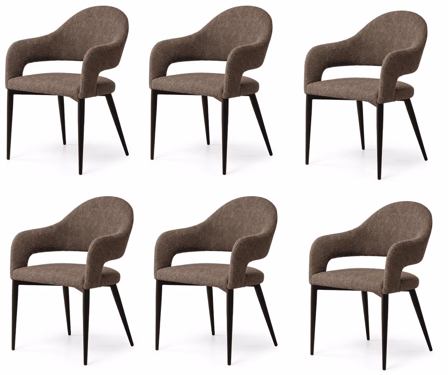 Set di 6 eleganti sedie da pranzo, colore marrone, rivestite in tessuto, design esclusivo con schienale aperto