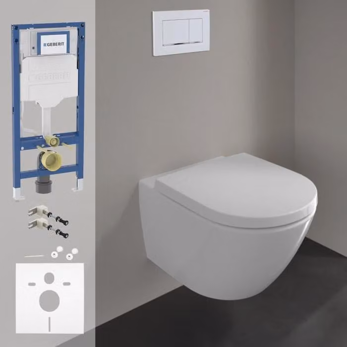 Villeroy & Boch, vaso WC della serie Subway 3.0, completo di set CeramicPlus, con copriwater, elemento di fissaggio Geberit Duoflex e pulsante di azionamento