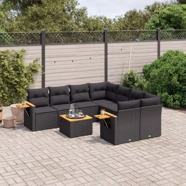 Set Divani da Giardino 9 pz con Cuscini Nero in Polyrattan 3259066