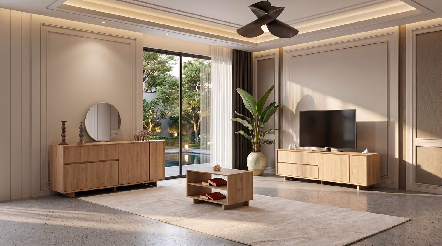 Set di mobili da soggiorno in legno scuro: mobile TV, tavolino, consolle, specchio, stile moderno