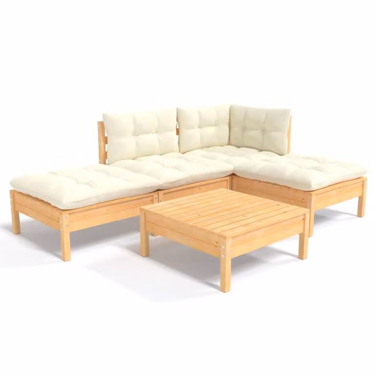 Set Salotto da Giardino 5pz con Cuscini Crema in Legno di Pino