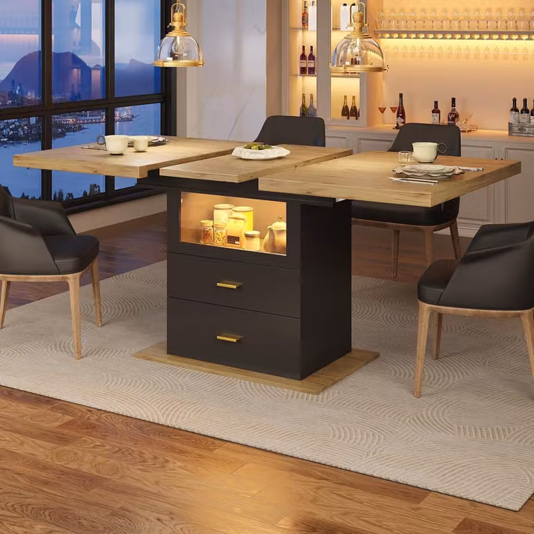 Tavolo da pranzo allungabile con cassetti e illuminazione LED, dimensioni 110-140x80x75 cm, finitura effetto legno/nero
