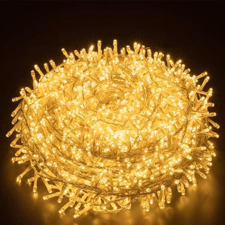 Catena luminosa a LED, 50 metri, 2000 LED bianco caldo, grado di protezione IP44, 8 modalità