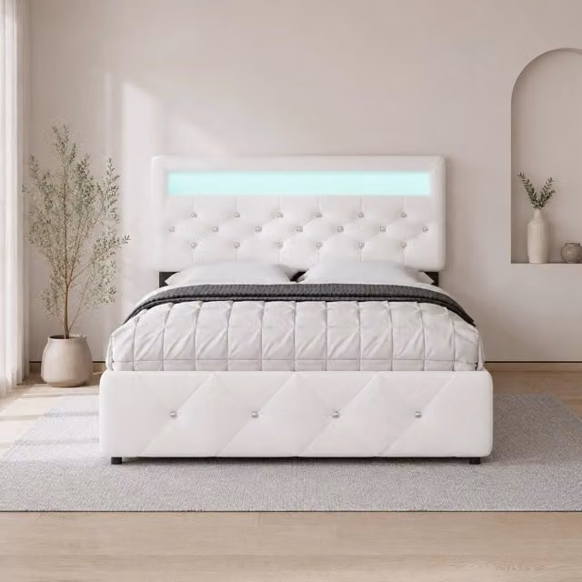 Letto matrimoniale imbottito ULEVR 140x200 cm con letto estraibile, 2 cassetti e barra luminosa, bianco