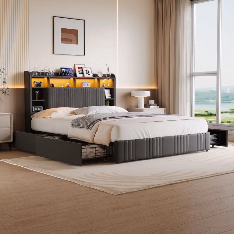 Letto imbottito 140x200 cm con 4 cassetti, testiera contenitore, illuminazione LED, rete a doghe, rivestito in lino grigio, letto a castello singolo senza materasso