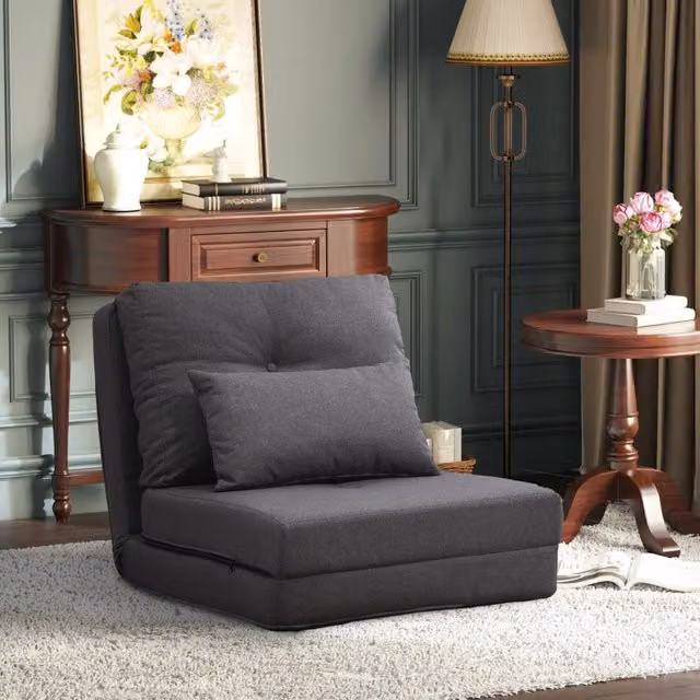 Poltrona trasformabile OKWISH con schienale regolabile e cuscini in lino grigio scuro, struttura in metallo, L: 60 cm, P: 80 cm, H: 56 cm