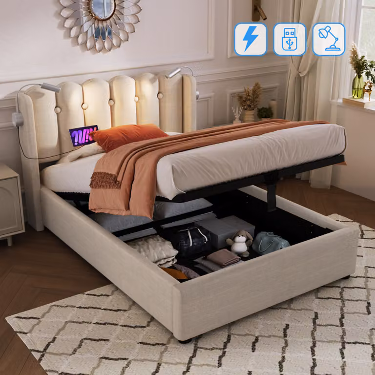 MODFU Letto contenitore 90 x 200 cm – Pratico sistema di stoccaggio – Senza materasso – Beige