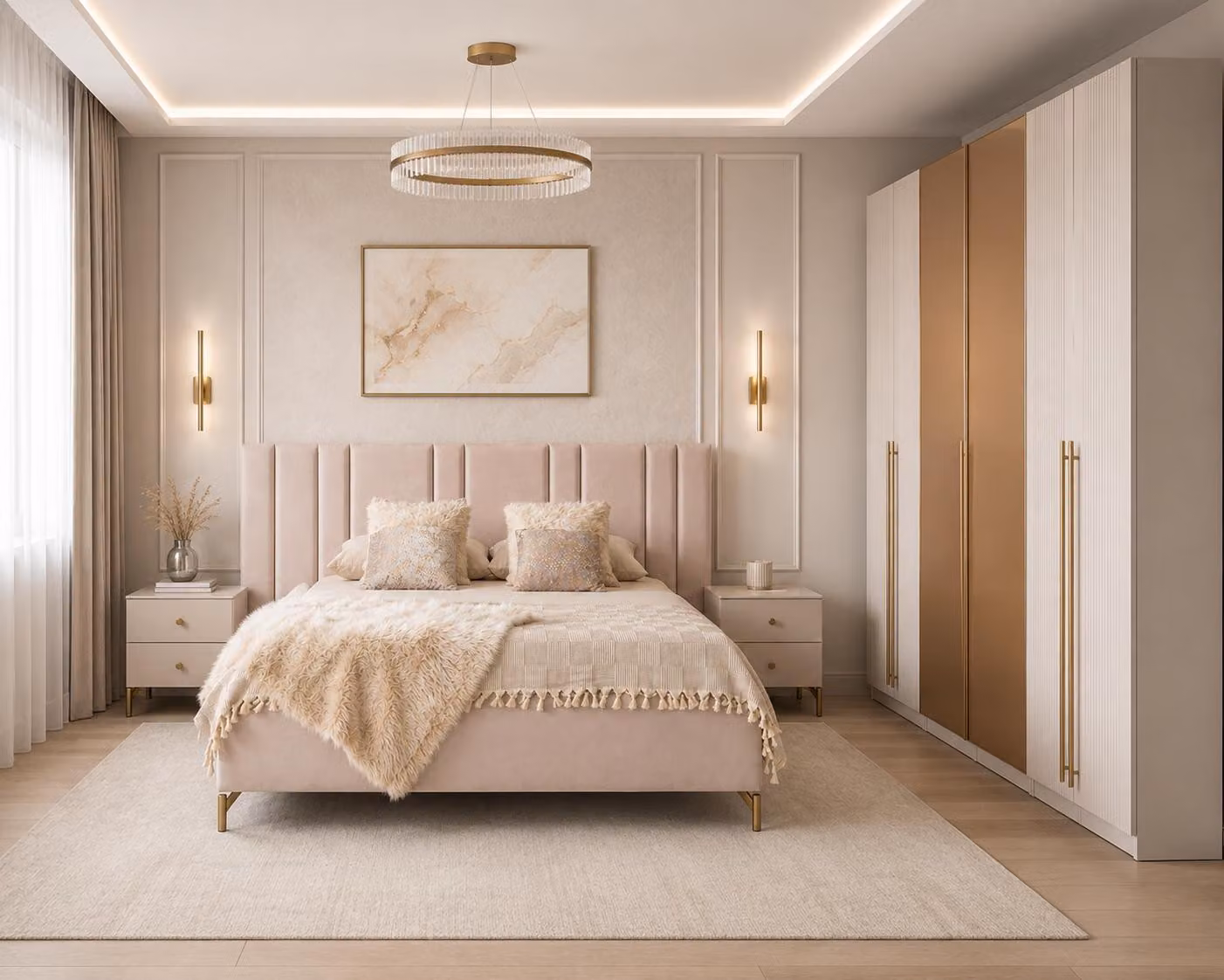 Set per camera da letto: letto, armadio, design moderno, colore beige, stile armonioso