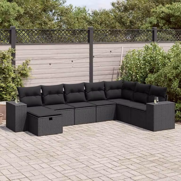 Set di divani da giardino vidaXL a forma di L in polyrattan nero con 8 cuscini inclusi