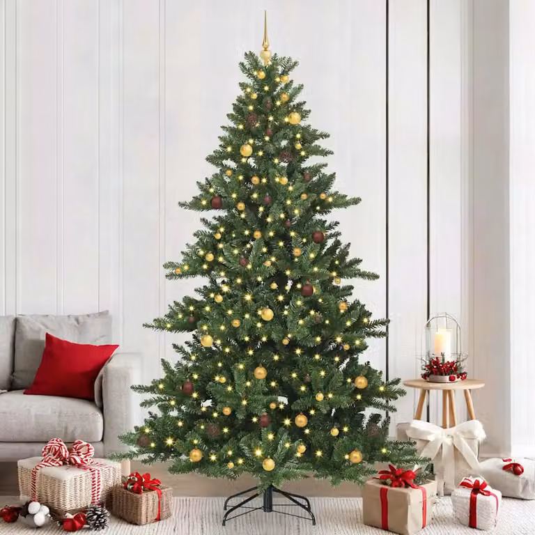 Albero di Natale artificiale moderno vidaXL con LED bianco caldo e rami pieghevoli in PVC e metallo, colore verde, Altezza: 240 cm