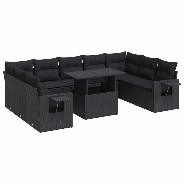 Set Divani da Giardino 10pz con Cuscini in Polyrattan Nero