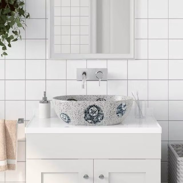 Lavabo da Appoggio-Lavandino-Lavello Grigio e Blu Ovale 47x33x13 cm Ceramica