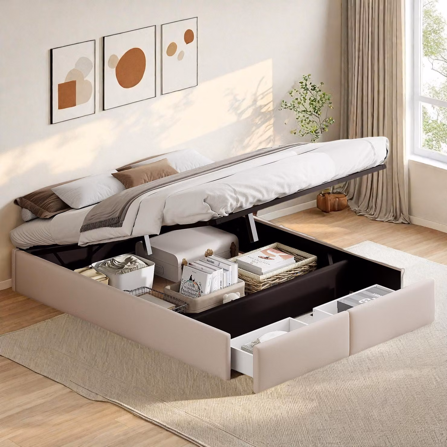 Letto imbottito Fortuna Lai 140x200 cm, letto in lino con rete a doghe, contenitore idraulico e 2 cassetti, beige