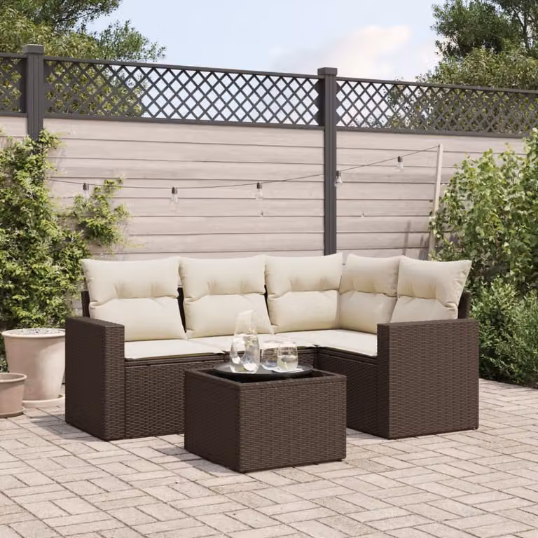 vidaXL Set Divano da Giardino 5 pz a Forma a L con Polyrattan Marrone e Bianco e Tavolino da Esterno