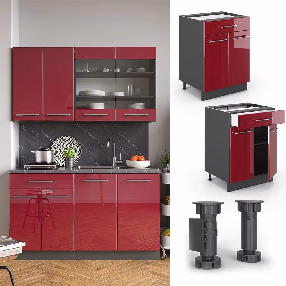 Mobiletto base per cucina Vicco Fame-Line Bordeaux lucido e Antracite con cassetto, senza piano di lavoro, Larghezza: 60 cm – 2