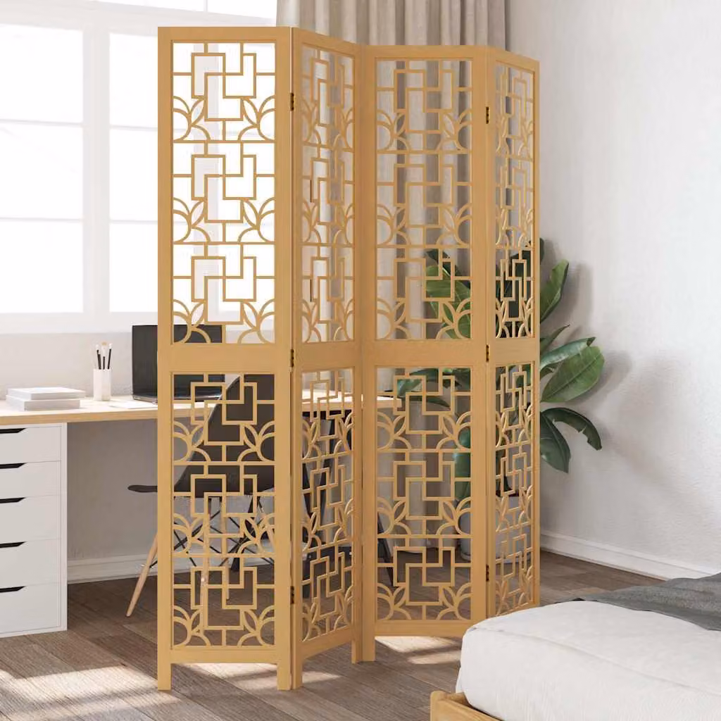 Divisorio Ambienti vidaXL con 4 Pannelli in Legno Massello di Paulownia Marrone con Design Geometrico Moderno H: 145 cm, L: 200 cm