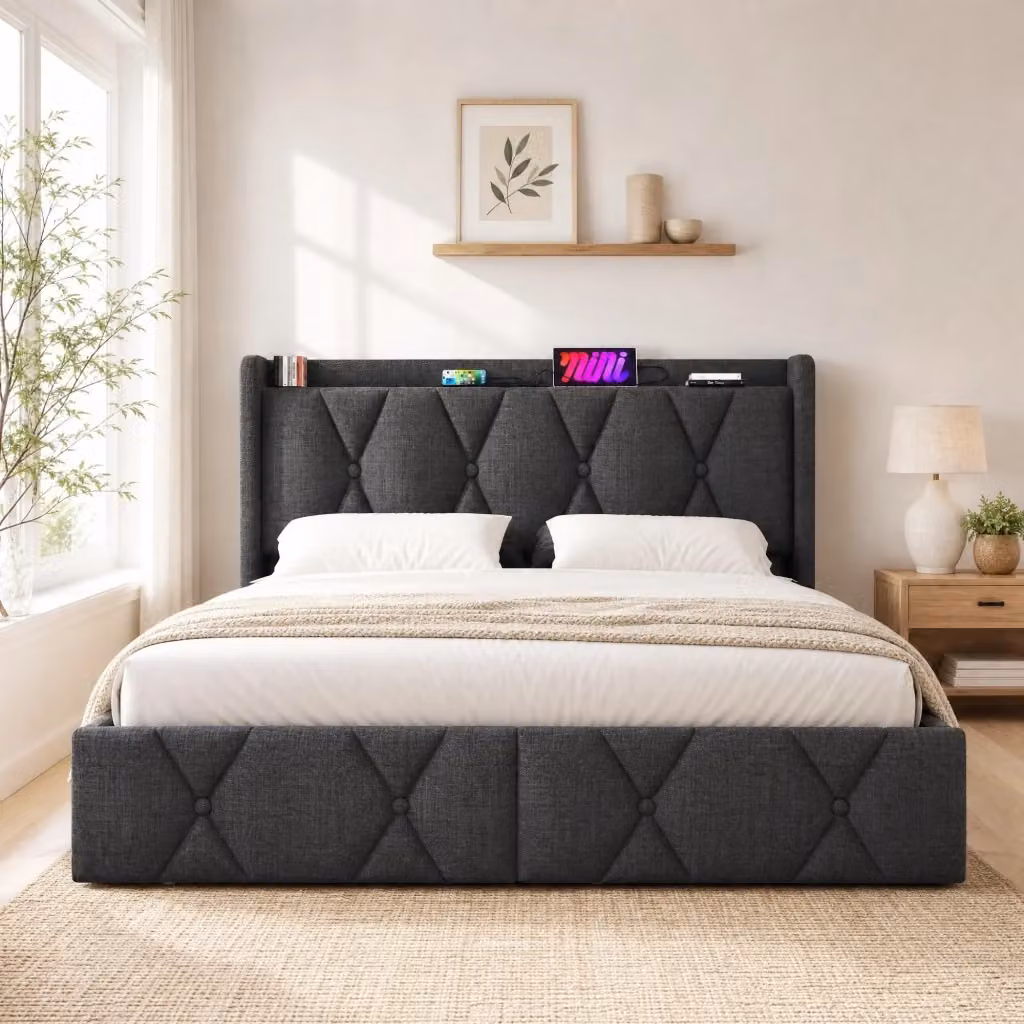 Letto Contenitore REDOM Grigio con 4 Cassetti e Porta USB L/P/H: 160 x 200 x 116 cm – 2