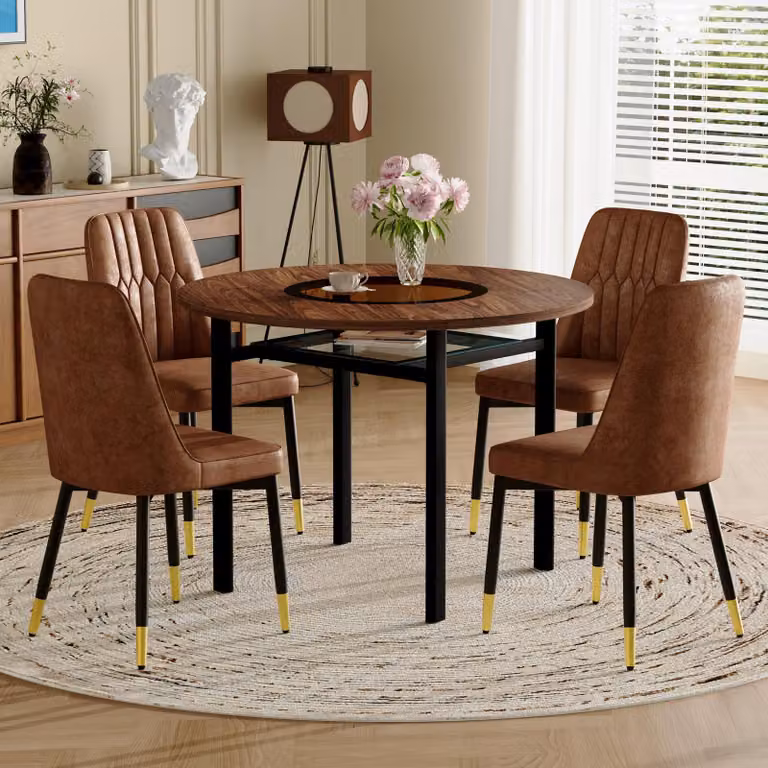 Set tavolo da pranzo STILVORA con 4 sedie in tessuto tecnico, tavolo rotondo con finitura effetto legno, set da pranzo con gambe in metallo nero, ideale per sala da pranzo e cucina, colore marrone